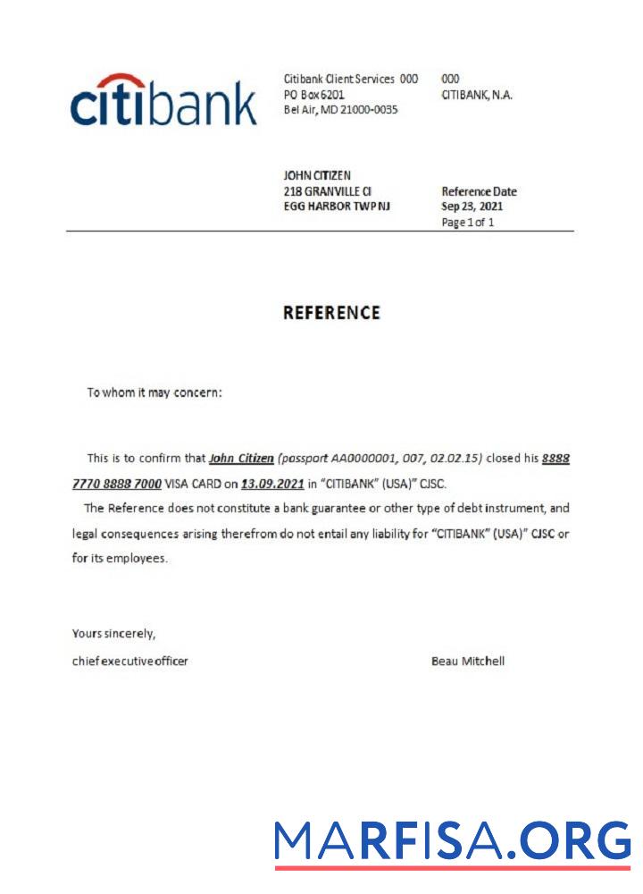 Blank USA Citibank closure reference example